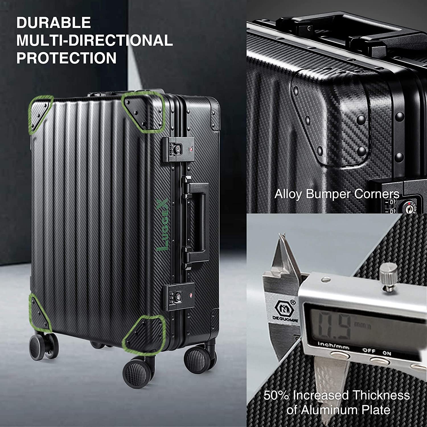 LUGGEX Aluminum Luggage Checked， 24 Inch No Zipper Luggage Metal Suitcase， Classy Carbon Fiber Pattern for Elegant Journey (Metal Suitcases with Wheels) - Image 6